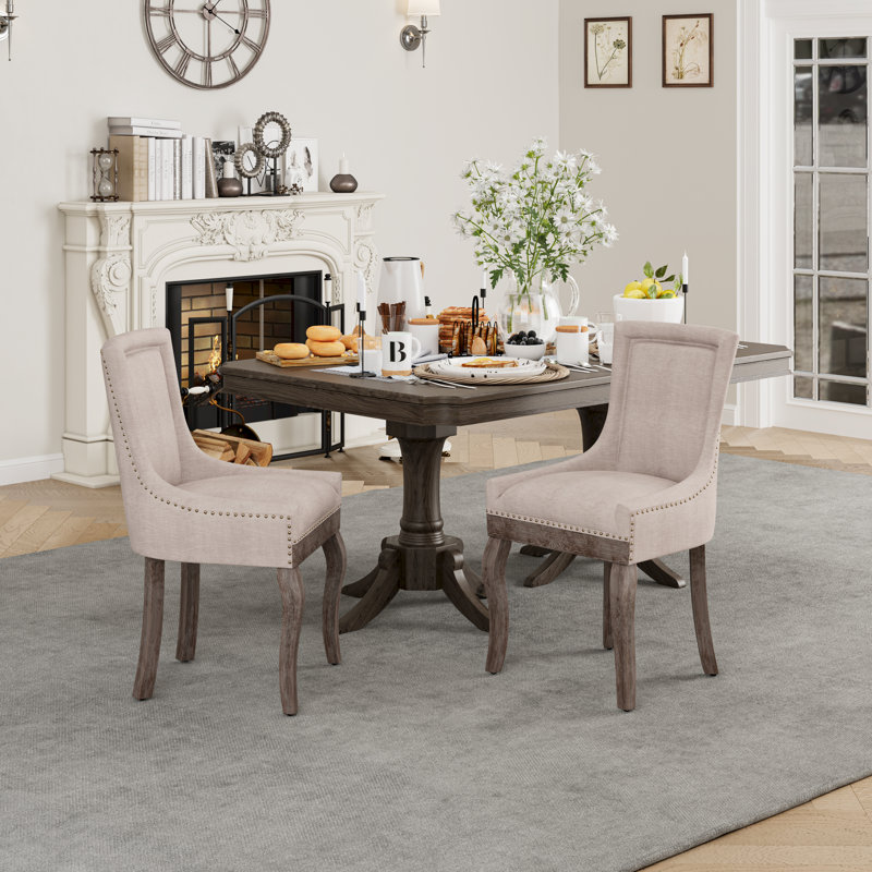 Beige Linen Upholstered Side Chair with Wooden Legs, Set of 2