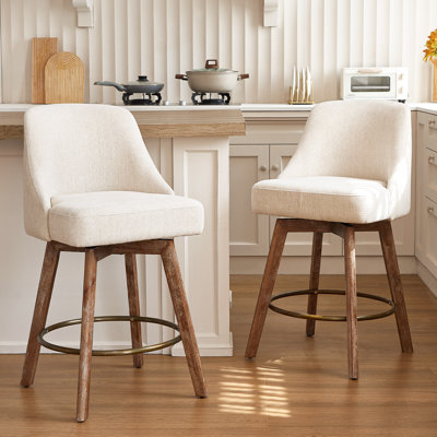 Mid Century Modern Counter Height bar stools Set of 2，360° Swivel barstools with Solid Wood Legs, Island Chairs with Wrap-Around Backrest，Beige Linen Comfort Fabric