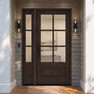 G7506-SW-80 | 80" Single Door, + 1xSidelite RTA Prehung Exterior, SDL 6 Lite, 3/4 Lite, 1 Panel, Unfinished Mahogany Wood
