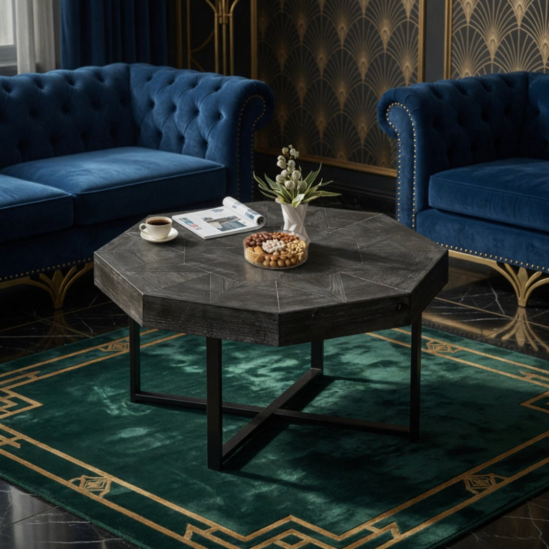 Table basse octogonale en bois avec patchwork de style campagnard 30 pouces, Noir antique
