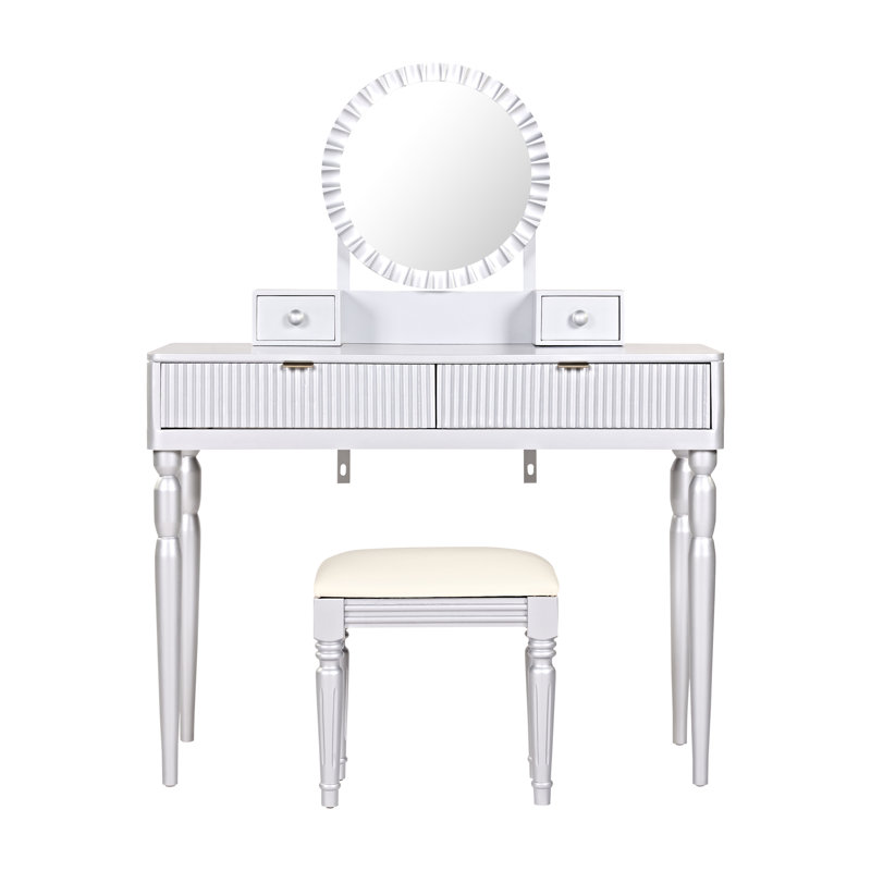 Modern Luxury Dressing Table With Round Mirror, Adjustable Height, 4 Drawers And Stool – Silver Finish