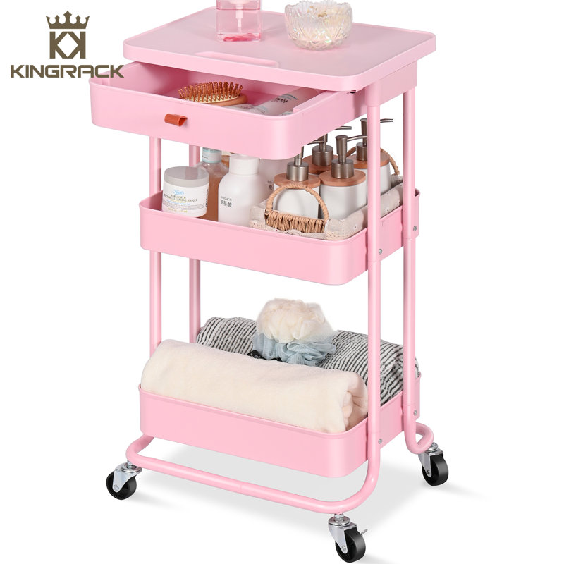 Utility Cart with Wheels,Metal Cart,3 Tier Rolling Cart With Drawer & Table Top,Bathroom Cart,Salon Trolley Cart,Kitchen Storage Cart