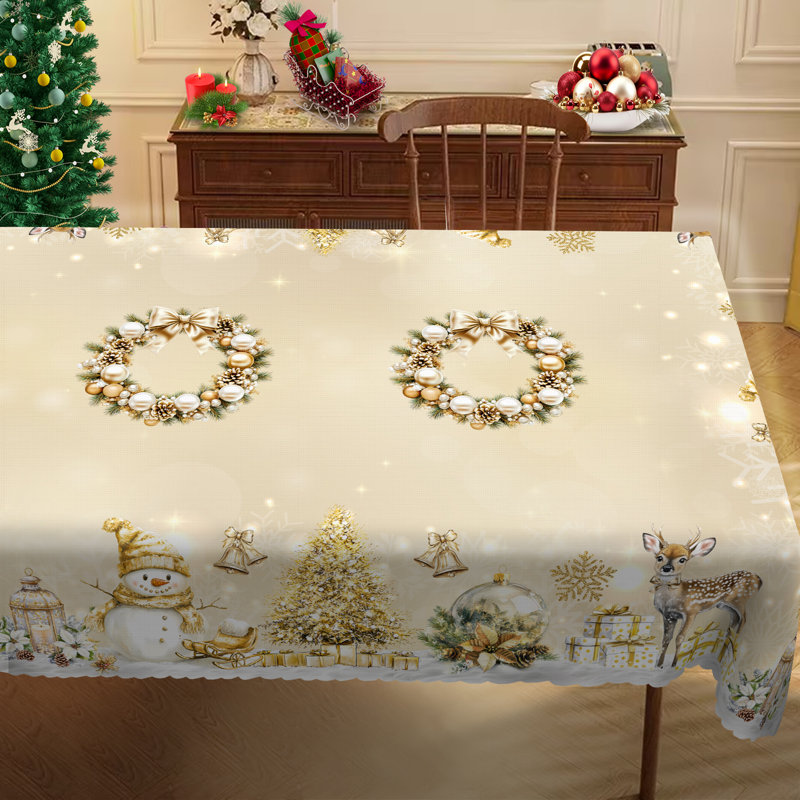 1pc round/rectangular polyester tablecloth, Christmas tablecloth with pine, snowman, truck, embosed edge, Christmas decorations for dining table, festival party holiday table decoration, perfect festival gift