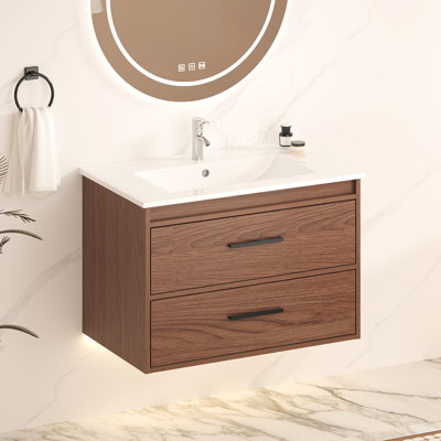 30" Reddish Brown Wall Mounting Bathroom Vanity, Soft Close 2 Drawer, Cabinet And Ceramic Sink For A Smooth Quiet Usage Functionality