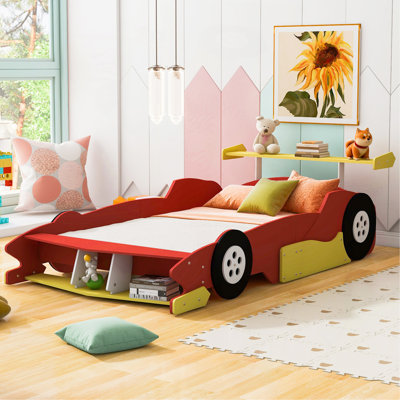 Lit plateforme double en forme de voiture de course avec roues, bleu