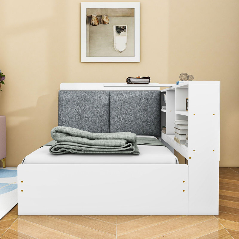 Lit plateforme simple en bois avec tête de lit et tablette rotative, Blanc