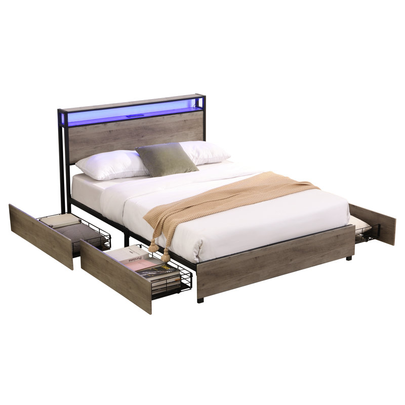 Bed Frame, Storage Headboard With Charging Station, Solid And Stable, Noise Free, No Box Spring Needed, Easy Assembly, Full