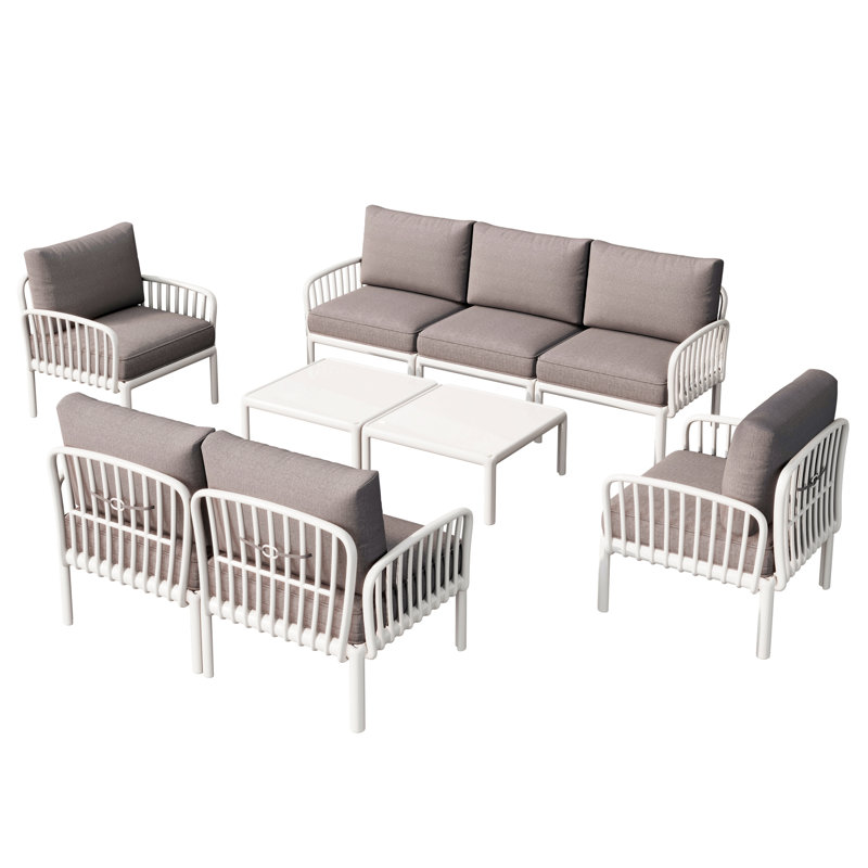 9 Piece Patio Conversation Sets, Modern Outdoor Patio Sectional Furniture Set With Two Square Coffee Table, Waterproof Thick Cushion Deep Seating For Porch, Balcony, White & Light Gray