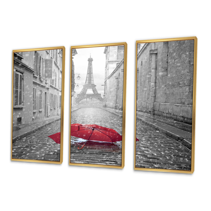 Eiffel View From Paris Street - 3 pièces, cadre photo flottant sur toile, H 28 po x l 36 po x P 1 po, Cadre blanc