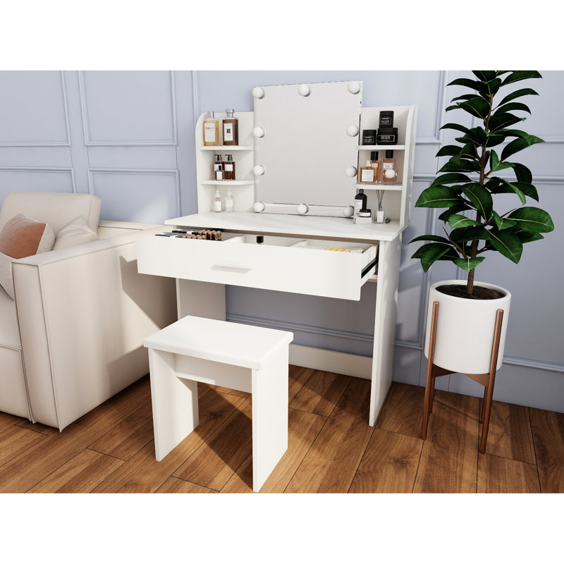 One Drawer Dresser Vanity Table With Adjustable Mirror, Storage For Beauty Items, Comfortable Stool, Compact And Stylish, Ancient White Finish, Particle Board + , 36.32 In Depth Mirror Table, Ample