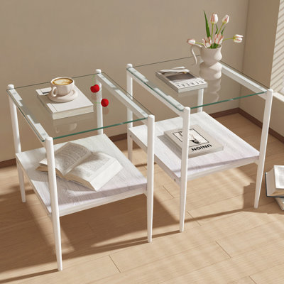 Ensemble de 2 tables de bout rectangulaires, plateau en verre trempé avec panneau de fibres à densité moyenne, table de salon moderne