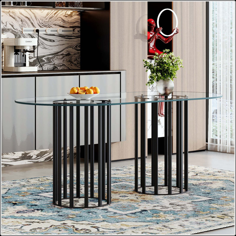 Table de salle à manger ovale en verre avec base à deux colonnes