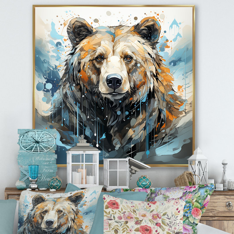 Représentation abstraite d'un mouvement d'ours sur toile, H 36 po x l 36 po x P 1,5 po, Cadre flottant doré