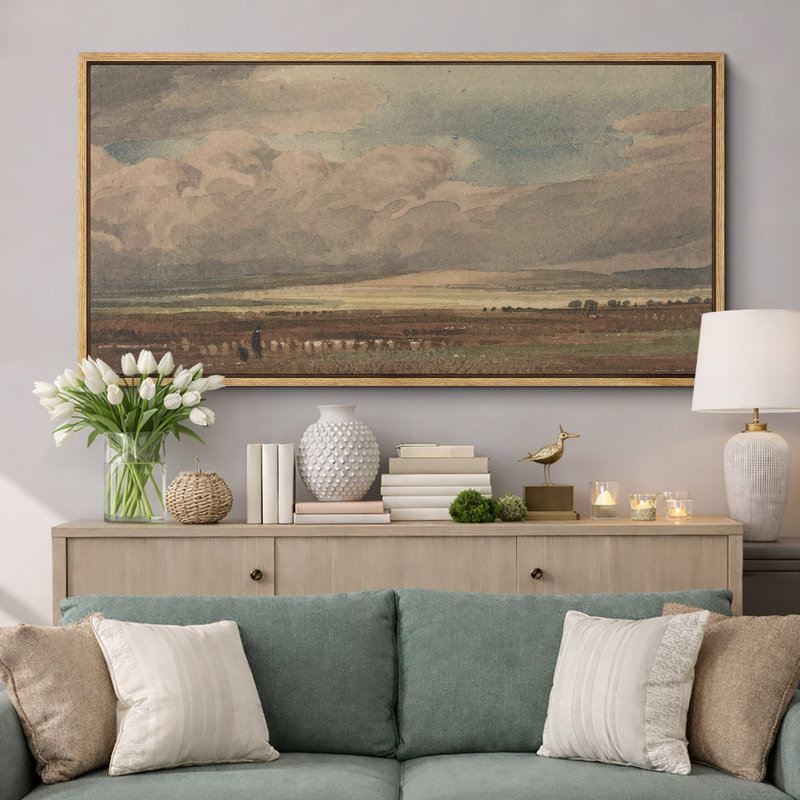 «Rustic Countryside Serene Brown Countryside Field Clouds In The Sky», impression sur toile encadrée classique, Naturel