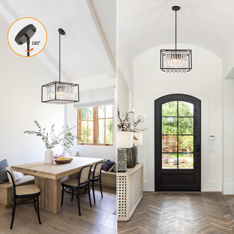 Modern 4-Light Farmhouse Chandelier With Crystals - Black Metal For Kitchen, Dining Room, Living Room