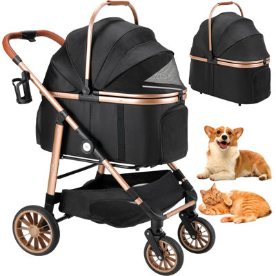 Pirecart 4-wheel Stable Pet Stroller For Medium Dogs/ Cats (55lbs Max) -3-in-1 Convertible Design With Removable Carrier & One-click Folding Mechanism