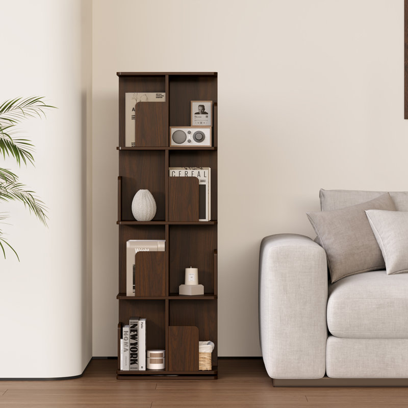 Rotating Bookshelf, 4 Tier Small Bookcase Corner Shelves Display Storage Tower Space-saving Revolving For Small Space Walnut