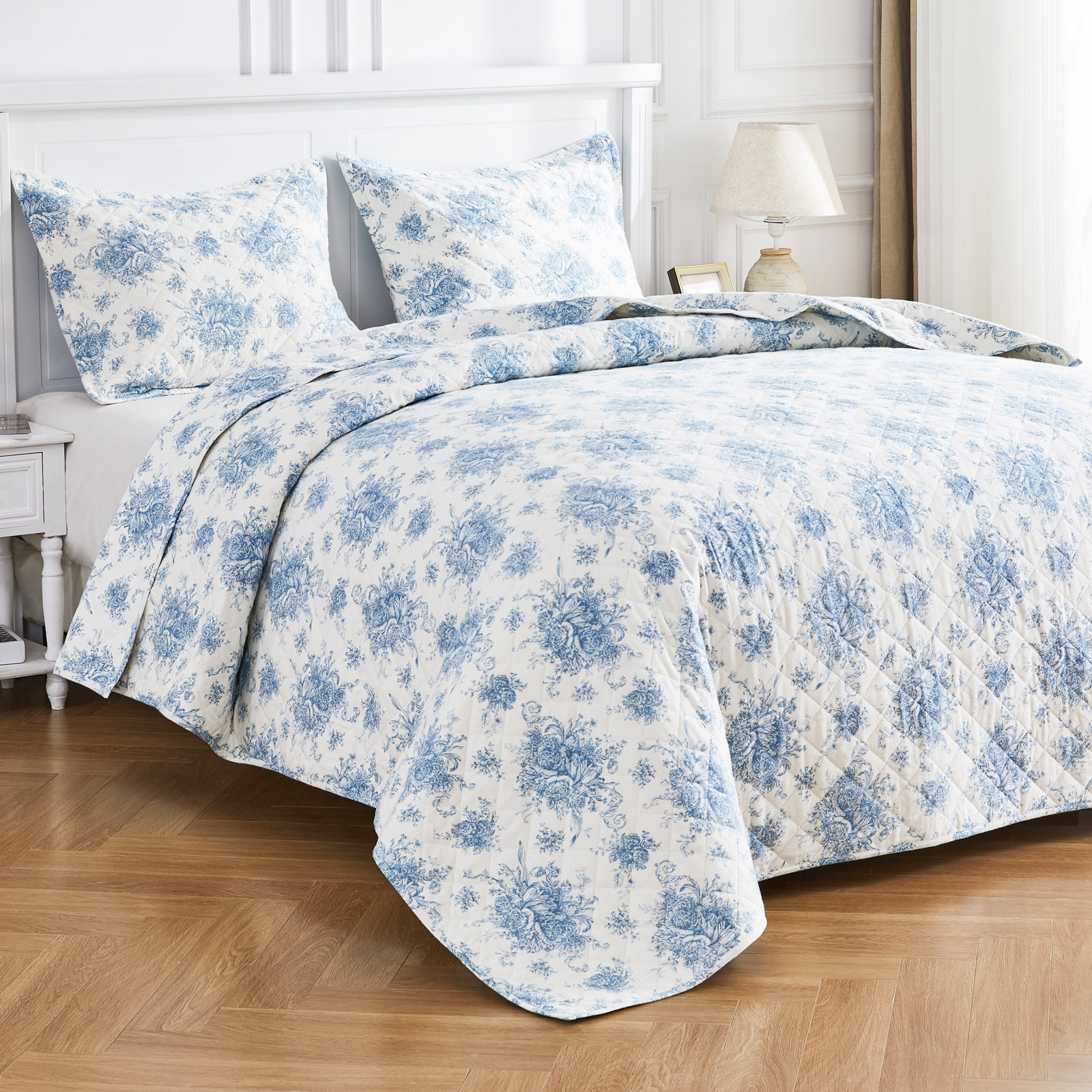 PETIT TOILE FLANNEL COTTON QUILT SET, Twin Quilt + 1 Standard Sham, Blue