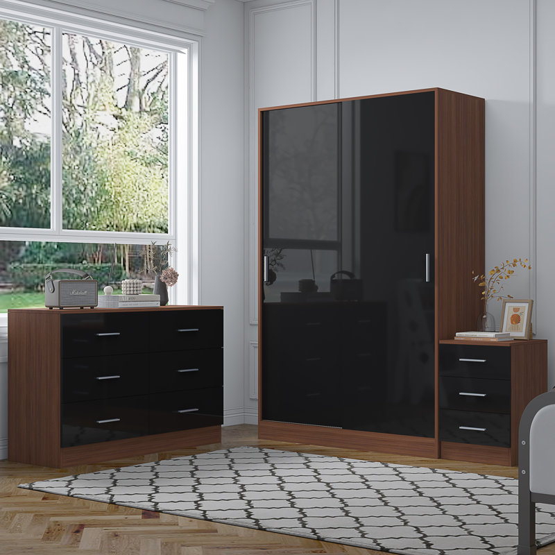 Eva Piece Bedroom Set, Black Gloss / Walnut