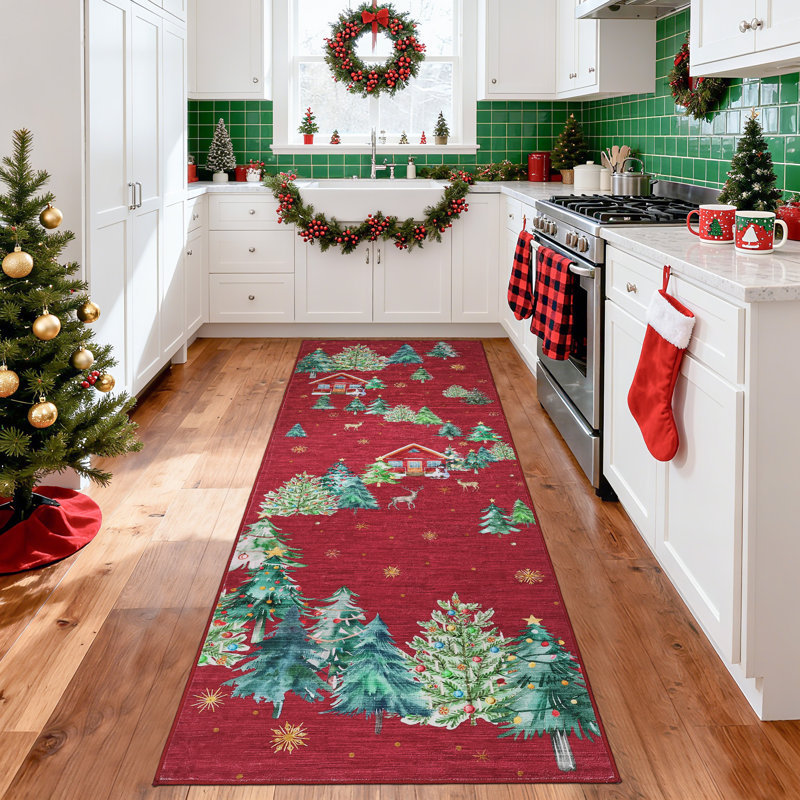 Christmas Washable Non-Slip Christmas Area Rug with Santa, Christmas Tree and Reindeer Pattern, Holiday Rug for Kitchen, Entryway, Living Room and Bedroom