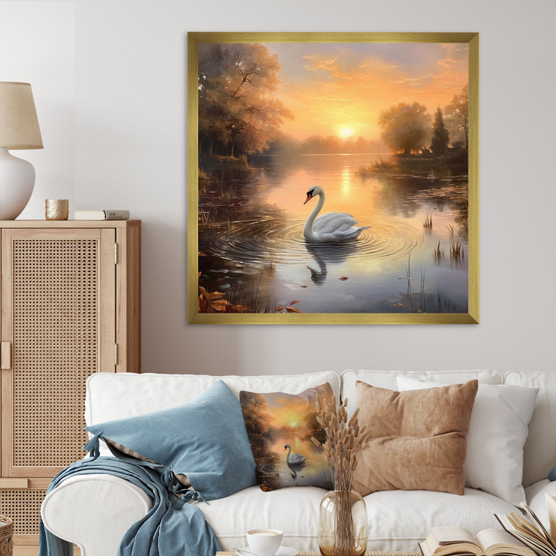 Cygne blanc, coucher de soleil romantique I, Cadre doré à une seule photo, H 30 po x l 30 po x P 1 po