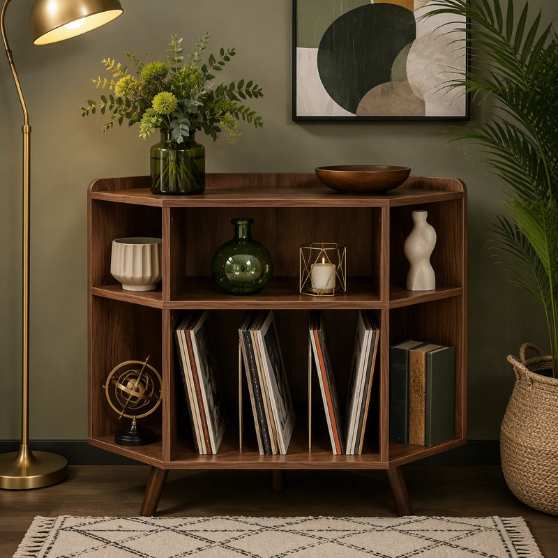 3 Tier Mid Century Modern Corner Record Player Stand Wood Turntable Cabinet with Charging Station and USB Ports