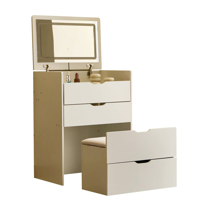 Bureau de coiffeuse 3-en-1 avec miroir et lumières, petit ensemble de coiffeuse avec plateau en verre visible, 3 tiroirs, banc de rangement, miroir d'éclairage 3 couleurs, petit bureau de coiffeuse