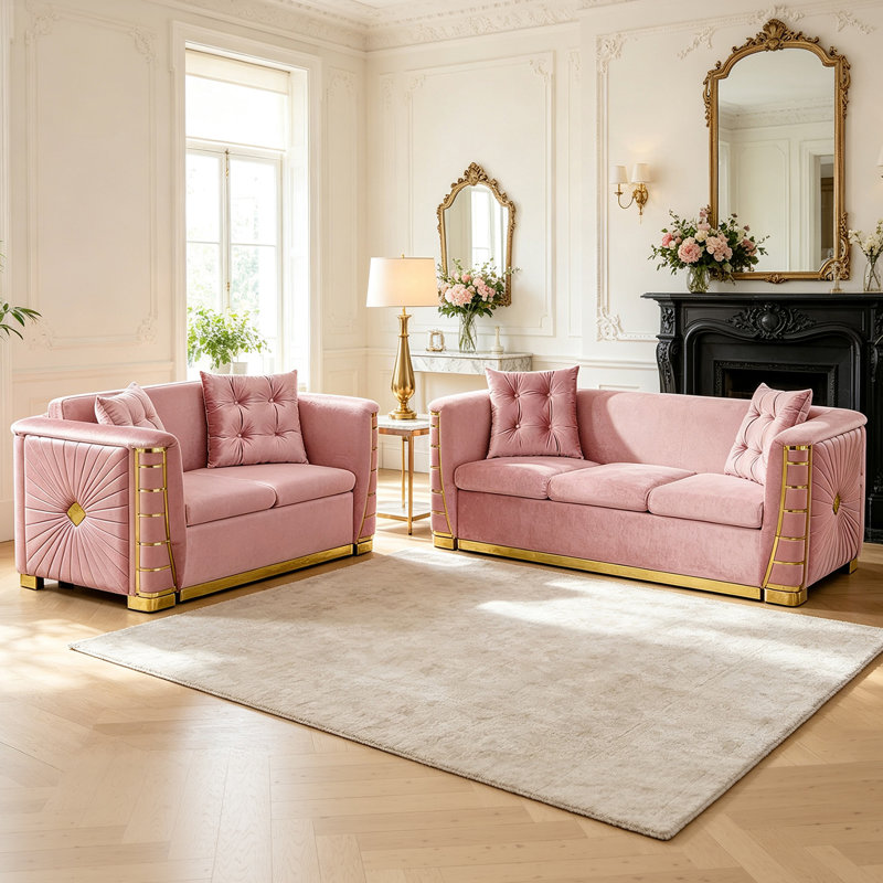 Ensemble canapé Chesterfield convertible 2 pièces en velours avec causeuse, Rose