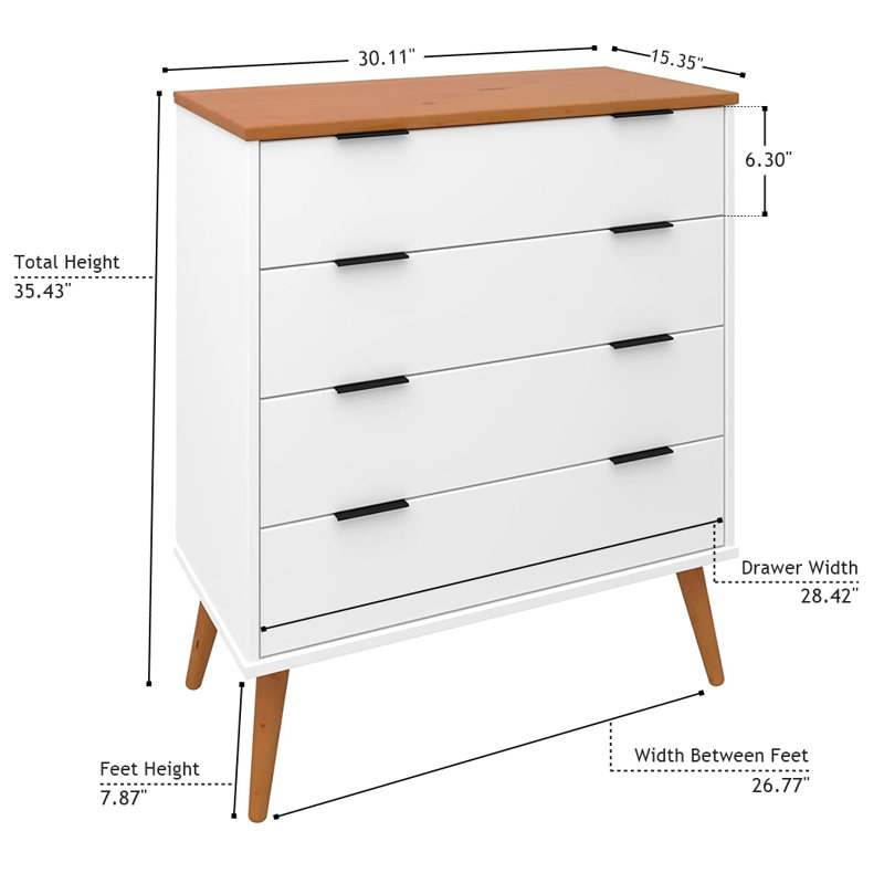 Alice Chest 4 Drawer 30.11" Solid Wood - Elevate your bedroom with a stylish side table, White/Brown