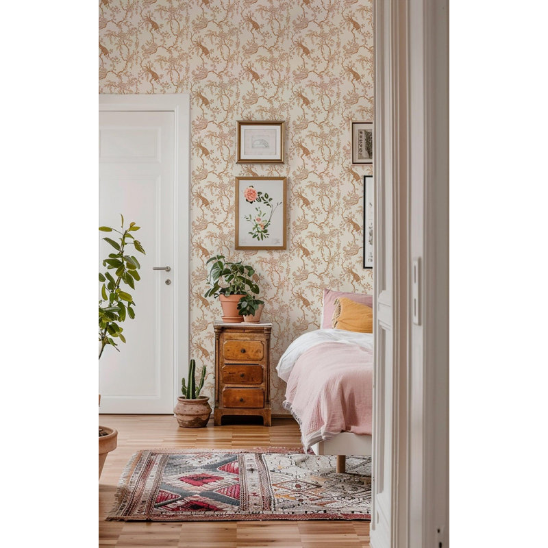 Lady Charlotte Birdsong 10' L x 24" W Wallpaper Roll, Black, Faux Grasscloth