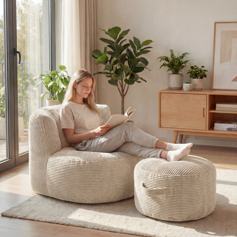 Oversized Adult Bean Bag Chair With Ottoman, Corduroy Fabric Lazy Sofa, Plump Shredded Foam Filled, Soft Fluffy & Portable, Back Support For Napping & Gaming