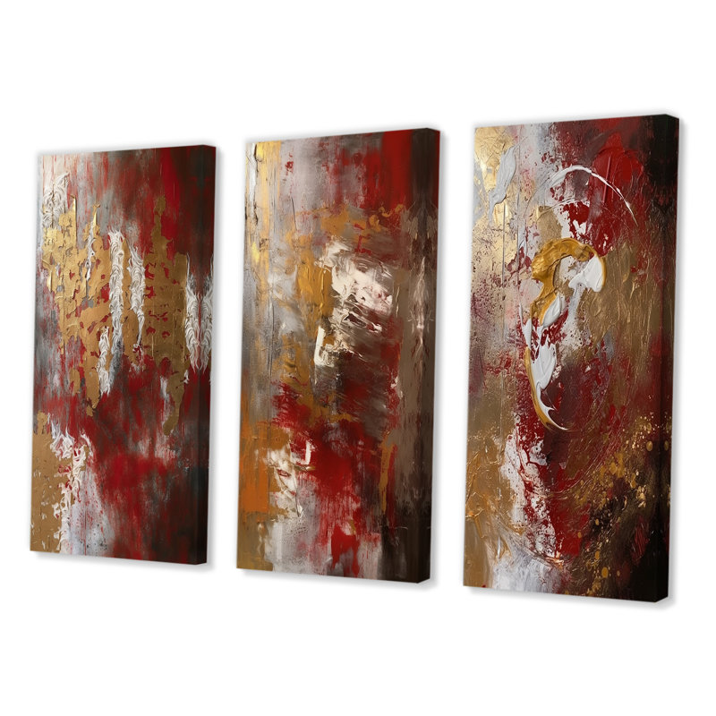 "Révélations italiennes anciennes en or et rouge", 3 pièces sur toile, Toile tendue, H 20 po x l 36 po