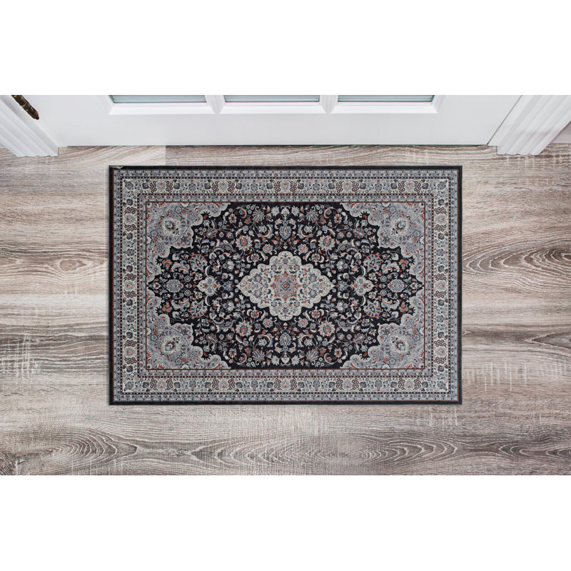 Tapis noir et gris anthracite tissé à plat à la machine Emanuel , Rectangle 2 pi 2 po x 3 pi 2 po