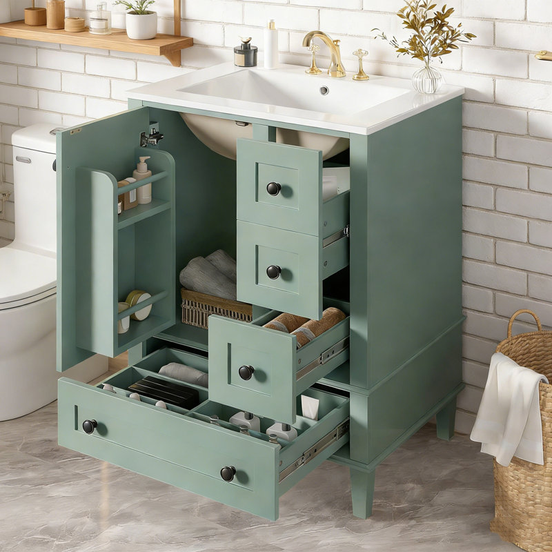 Meuble-lavabo de salle de bain avec lavabo, 3 tiroirs et tablette de porte, Vert clair