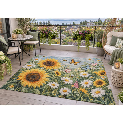 5' x 7' Outdoor Area Rug Sunflower Butterfly Floral Heavyweight Solid Waterproof PVC Coil Loop Carpet, Heavy Duty Patio Rug, Quick Dry Indoor Outdoor Mat for Porch Deck Balcony Entryway RV Camping