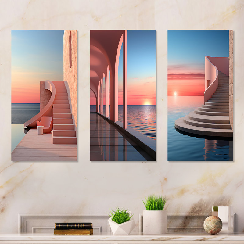 Coucher de soleil sur l'architecture côtière de la sérénité, H 28 po x l 36 po, Toile tendue