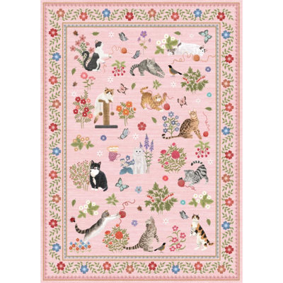 Washable Floral Bordered Area Rug for Living Room Animal Cat Indoor Throw Carpet ​Modern Non Slip Foldable Floor Cover for Dorm Home Decor