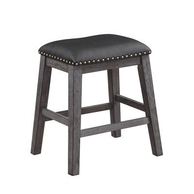 Ensemble de 2 tabourets en bois et en cuir avec garniture cloutée, noir et gris