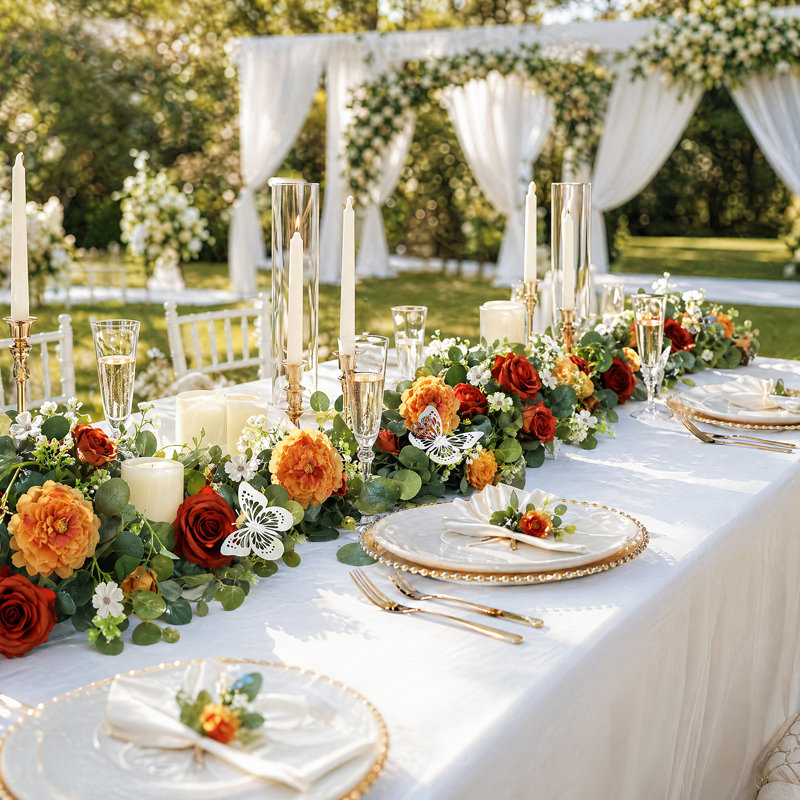Guirlande artificielle de 2 eucalyptus et roses avec 24 papillons argentés découpés au laser – Vigne florale artificielle réaliste en soie et plastique – Arche de mariage, table de fête, décoration intérieure – Orange brûlé, 180 cm
