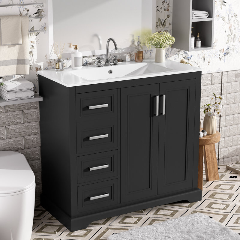 Meuble-lavabo simple 36 po avec lavabo en céramique, Noir