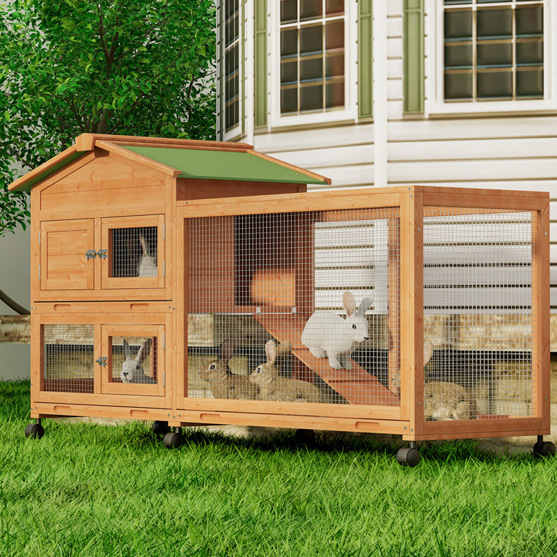 Ellarae Portable Wooden Rabbit Hutch with Wheels Safe Cozy Small  Animal Cage with Ramp Door Barrel Bolt Lock Brown