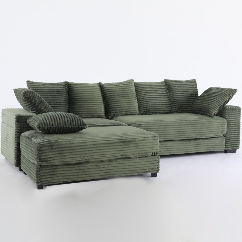 Green Corduroy L-shaped Sectional Sofa With Storage Ottoman