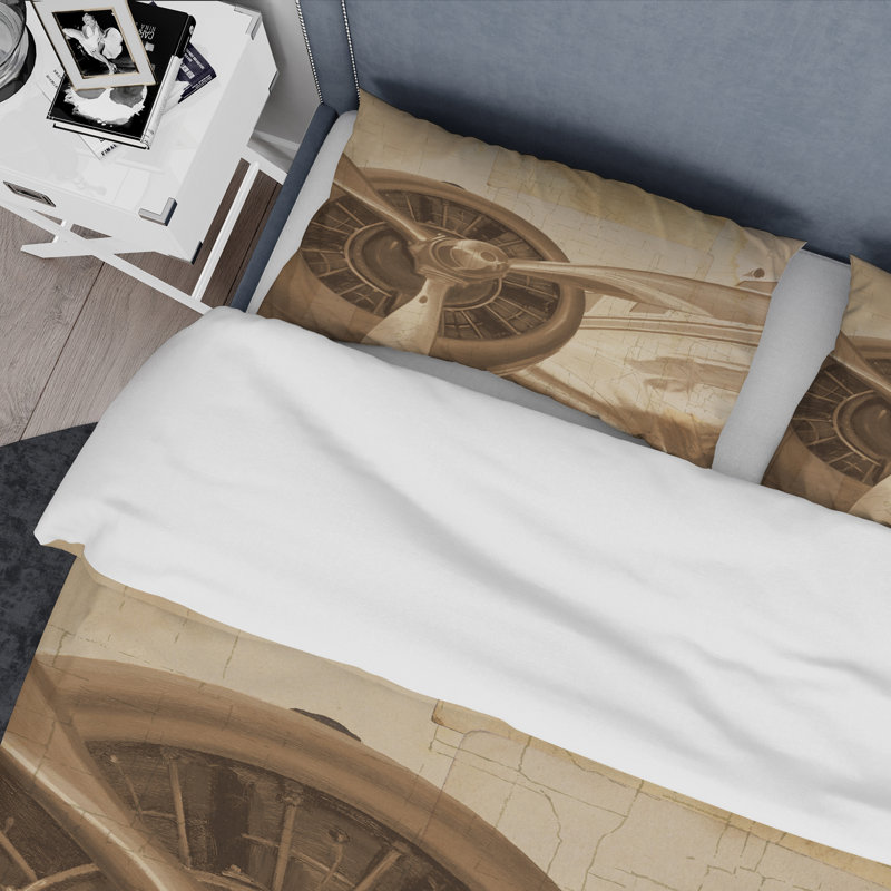 King Sepia Vintage Airplane Microfiber Duvet Cover Set