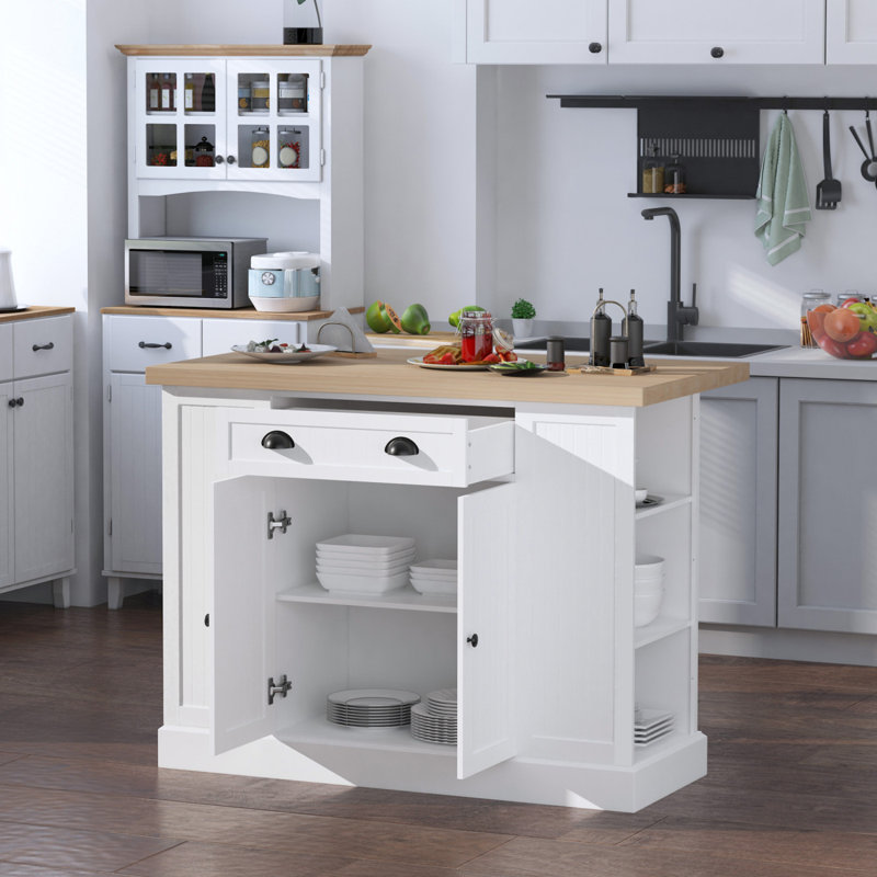 47" Fluted-Style Wooden Kitchen Island, Kitchen Countertop Storage Cabinet With Drop Leaf, Drawer, Open Shelves, Storage