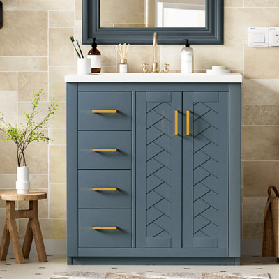 Ensemble de meuble-lavabo 30 po avec lavabo en céramique, armoire de rangement en bois massif, ensemble de meuble-lavabo autoportant avec 3 tiroirs et portes à fermeture douce