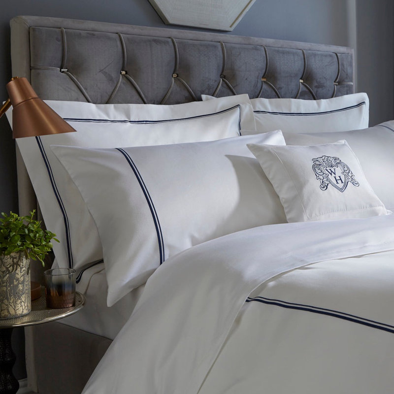 800 Thread Count Double Cord Embroidered Sateen Pillowcase - Set of 2, White/Navy