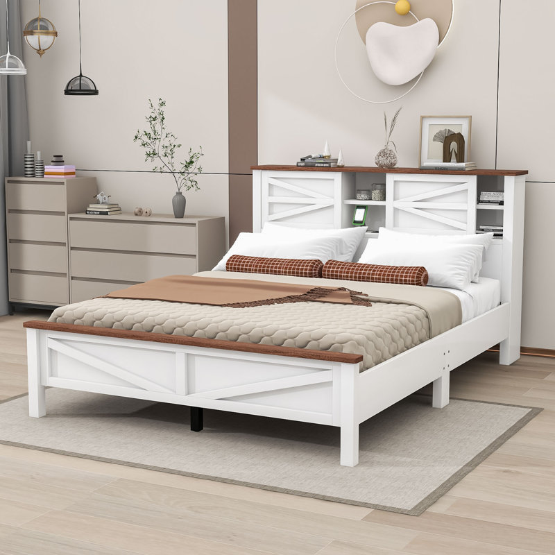 Lit plateforme en bois Antanea avec station de charge et tablettes, Double, Blanc, brun