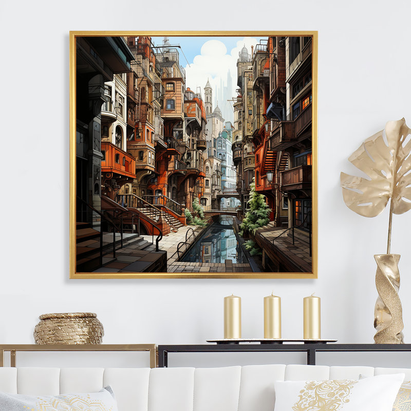 Illustration de dessin d'une ville I sur une impression sur toile, H 30 po x l 30 po, Cadre flottant doré