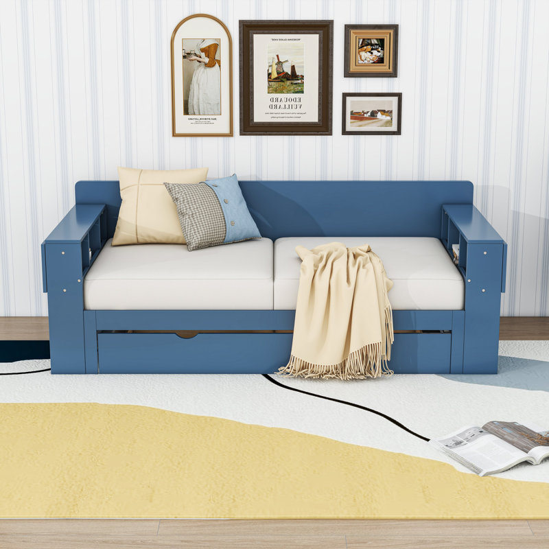 Two Drawers Wooden Daybed with Desk, Shelves and Slats, Blue, Queen