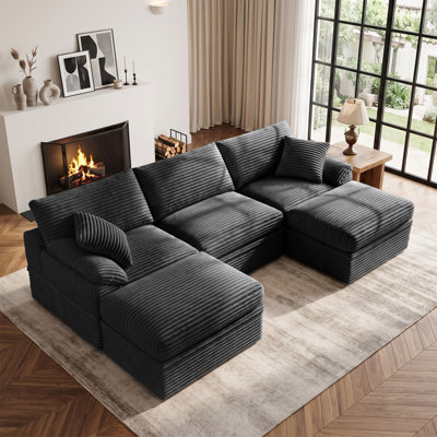 Canapé modulaire en U en forme de nuage, canapé d'angle rembourré en velours côtelé avec rangement caché et 2 repose-pieds, canapé à assise profonde minimaliste moderne pour le salon, assemblage facile sans outil